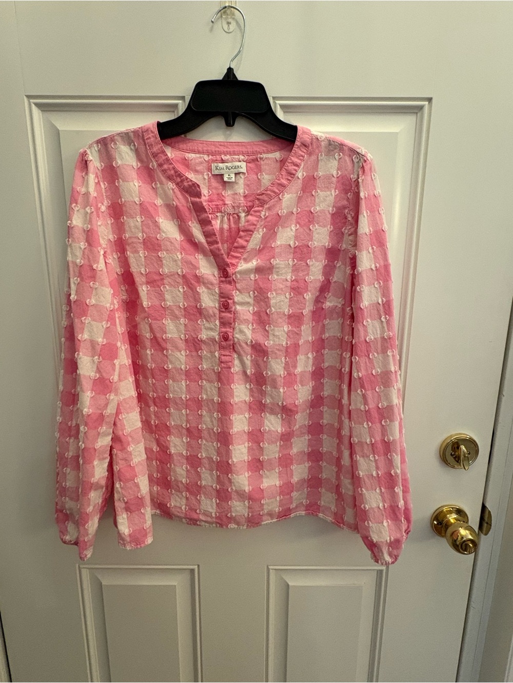 Kim Rogers Pink and White Check Peasant Blouse
